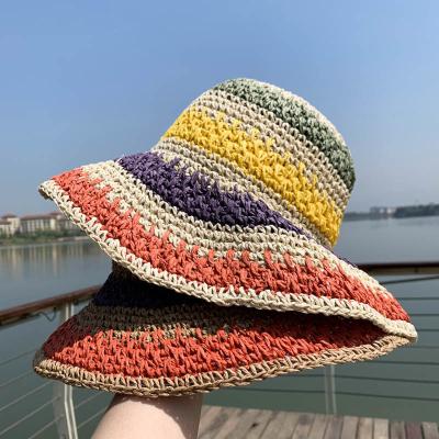 China Breathable.Sunshade Stylish Goddess Hollowed Out Beach Hat Colorful Stripes Sunscreen Straw Hat Travel And Holiday Sun Visor Handwoven Hats for sale
