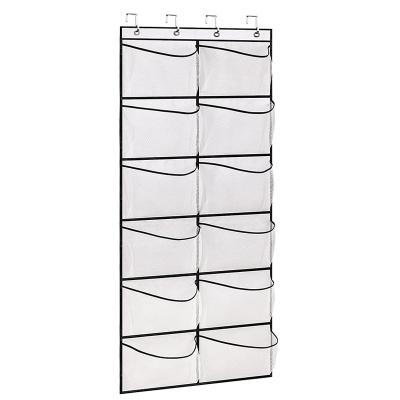 China Modern Extra Large Stretch Fabric Shoe Organizer Transparent Foldable Hanging Bag Over Door 12 Pockets Mesh Storage Bag Clothes for sale