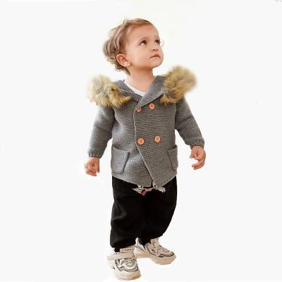China Anti-wrinkle Sale Winter Clothes Jacket Newborn Warm Baby Boy Fur Hooded Collar Knitted Sweater Coat for sale