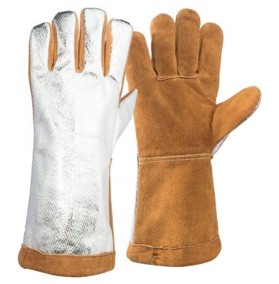 China Anti-Slip Welding Gloves Aluminized Radiant Heat Protection Safety Aluminum Foil Leather High Temperature Gloves For Industry Metallurgy for sale