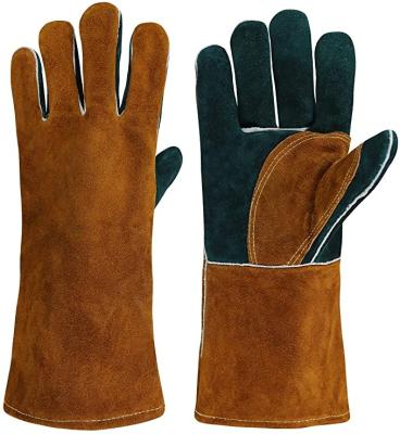 China Newest Traditional Cow Split Leather Welding Gloves Long Sleeve Cooking Grill Gloves Welder Fireplace Stove Safety Heat Resistant Glove for sale