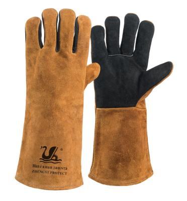 China Traditional Cow Split Grill Gloves Safety Leather Heat Resistant Insulated BBQ Oven Gloves Long For Animal Handling for sale