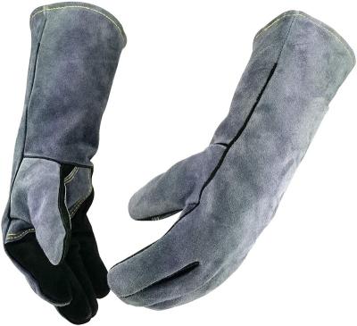 China Traditional Black-Grey Heat Resistant Grill BBQ Gloves Leather Forge Welding Glove With Long Sleeve And Insulated Lining For Men And Women for sale