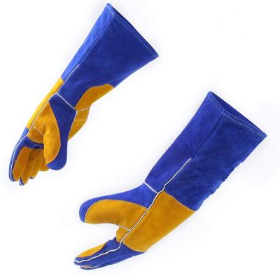 China Traditional Long BBQ Gloves Grill and Fireplace Glove Premium Leather Cotton Scratching Heat Resistant Animal Handling Bite Proof Gloves for sale