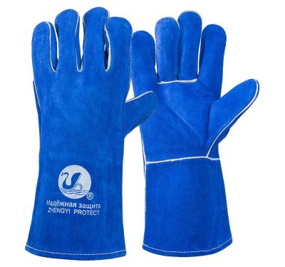 China Hot Sale Welding Gloves AB Grade Anti-Slip Blue Cow Split Leather Safety Working Glove for sale