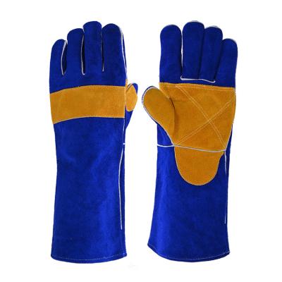 China Fire Proof Custom Blue Cow Split Leather Welding Gloves Long Sleeve Heavy Duty Working Safety Protective Double Palm Glove for sale