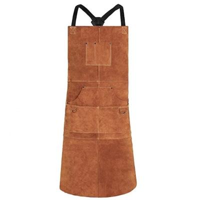 China Single Apron Welding Cow Split Heavy Duty Leather Workshop Apron With 6 Pockets Flame Heat Resistant BBQ Aprons for sale