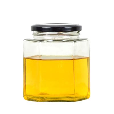 China 45ml 70ml 85ml 120ml 180ml 400ml Food Hexagon Glass Honey Jars Metal Lid Glass Jam Jar With Lids for sale