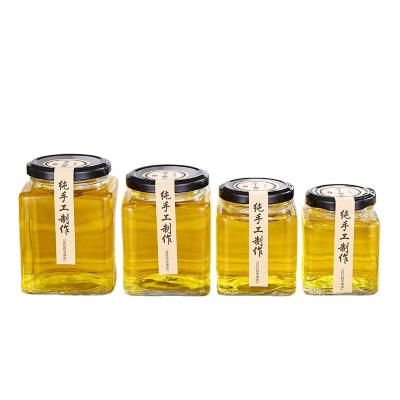 China Wholesale Empty Empty Clear Honey Food Storage Container Glass Square Jar With Metal Lid for sale