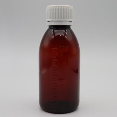 China Recyclable Pharmaceutical Grade 100ml 120ml 150ml PET Liquid Bottle Brown Amber Syrup Bottles With Scale for sale