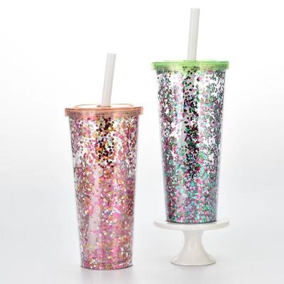 China 24oz/700ml Fashion Sequin Plastic Viable Personalized Glitter Straw Straight Cup for sale