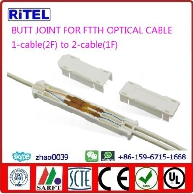 China FTTH BUTT JOINT connection of 1-cable(2F) to 2-cable(1F) for drop fiber optic cable 2*3mm for sale