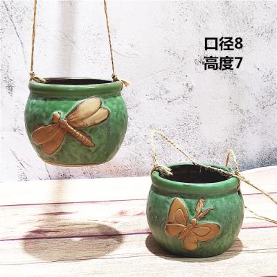 China Wholesale Hanging Basket Style Dragonfly Flower Pots Butterfly Plant Container Potted Ceramic Traditional European Succulent Pot Hanging Basin for sale