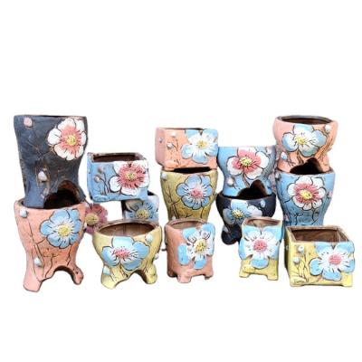 China 2021 Traditional Ceramic Green Potted Basin New Beautiful Creative Fleshy Flowerpot Embossed Hand Painted Succulent Plant Pots Garden Planter for sale