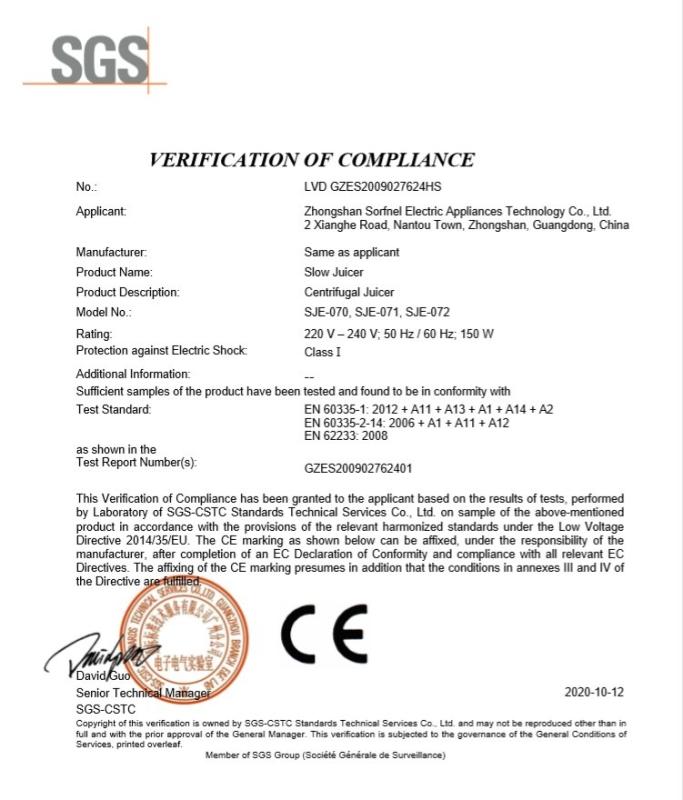 CE - Zhongshan Sorfnel Electric Appliances Technology Co., Ltd.
