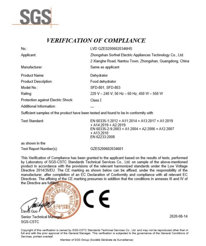 CE - Zhongshan Sorfnel Electric Appliances Technology Co., Ltd.