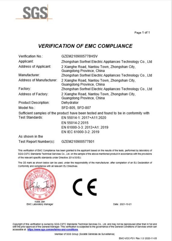 CE - Zhongshan Sorfnel Electric Appliances Technology Co., Ltd.