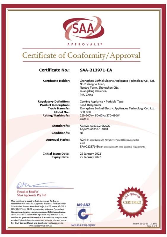 SAA - Zhongshan Sorfnel Electric Appliances Technology Co., Ltd.