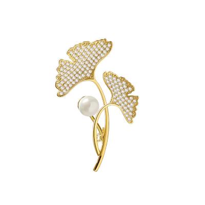 China ALLOY Ginkgo biloba pearl microset with full zircon brooch for costume brooch for sale