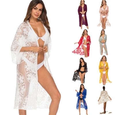 China Plus Size 2023 Summer Beach Long Dress Fashion Plus Size Women Sexy Swimsuit Knitted Lace Mesh Cover Up for sale