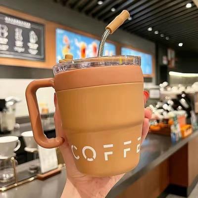 China Tumbler de aço inoxidável de parede dupla com alça e tampa de palha 16 oz Vacuum Travel Coffee Mug à venda
