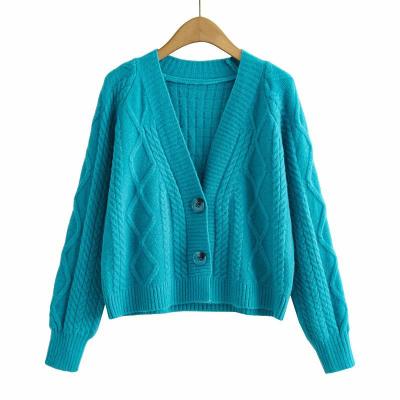 China 2021 Long Sleeve Fashion Korean V-Neckline Twist Jean Linen Pearl Knit Cardigan Solid Anti-wrinkle Style Short Sweater for sale