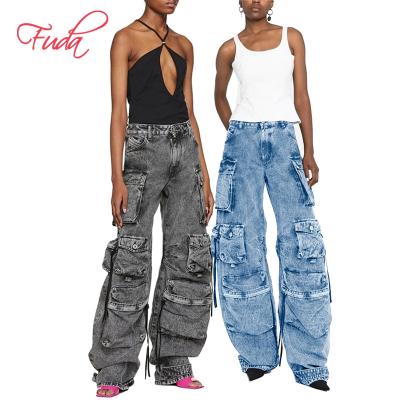 China FUDA AG02 New Autumn Washing Pocket Fashionable Casual Loose Multi Cargo Ladies Street Black Denim Women Straight Jeans for sale