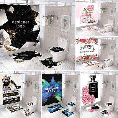 China Luxury Designer Print Rug Cortina De Ducha Bathroom Set 4pcs Mat Set Shower Curtain by Viable Famous Fashion Brand for sale