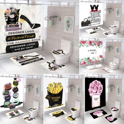 China Viable Ready to Ship Famous Cortina De Ducha Luxury Brand Designer Polyester Fashion Cover Bathroom 4pcs Mat Set Shower Curtain for sale