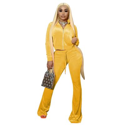 China 2021 Breathable Luxury Velvet Women's Solid Color Clothing Flared Casual Women's Pants Sets for sale