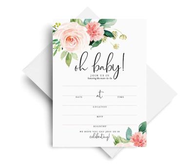 China Modern High Quality White Card Invitations With Envelopes Pink Floral Greenery Design Invitation Card For Baby Shower Birthday for sale