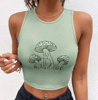 China New Fashion QUICK DRY Ribbed Knit Women's Tank Top Casual Mushroom Printed O Neck Slim Fit Sexy Vest for sale