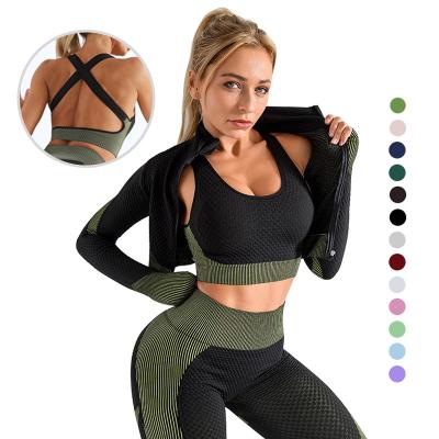 China Breathable Factory Price 3PCS Plus Size Gym Tracksuit Workout Crop Fitness Clothing Top Sports Set Fitness Woman Yoga Set for sale