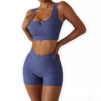 China Breathable Women Gym Fitness Push Up Sports Bra High Waist Tight Leggings Shorts Sets Yoga Ribbed Seamless Set for sale