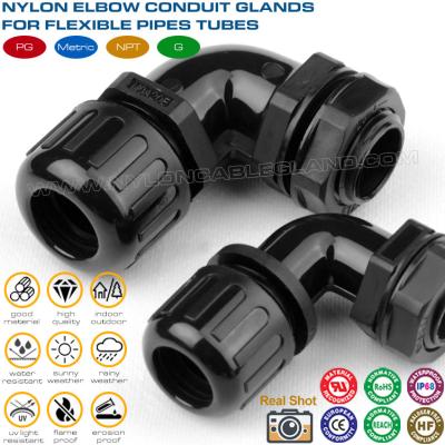 China Prensaestopas conducto corrugado de plástico estanco IP68 (ángulo 90°) con rosca métrica para tubos flexibles AD13-AD48 en venta