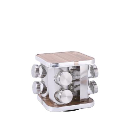 China Wood Chassis Revolving 8-Jar Rotating Spice Rack Tower Holder Countertop Stainless Steel Seasoning Organizer for sale