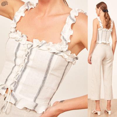 Cina 2018 abbigliamento femminile estivo volantini cinturini di lino Boho crop top in vendita