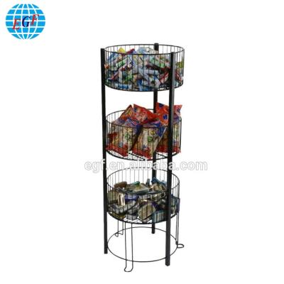 China Sustainable Metal 3 Tier Floor Wire Basket Display Rack Shelf With 3 Open Top Round Bin for sale