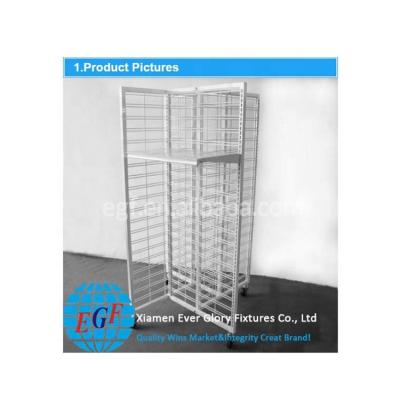 China 4 Way 4 Sided Grid Wall Movable Wire Mesh Panel Metal Display Shelf for sale