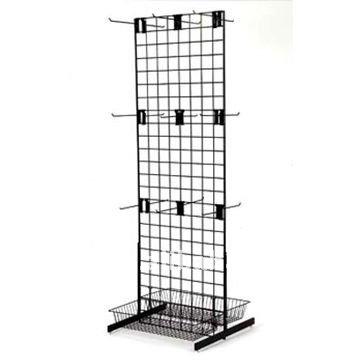China Floor Standing Double Sided Metal Handbag Display Rack With Hanger Hooks And Baskets for sale