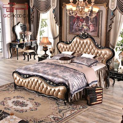 China Solid wood solemn black solid wood hollow carved antique bed with a large area of dark gold foreskin cushion for sale