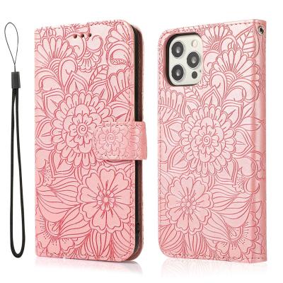 China 360 Anti-fall Full Cover Protect Multi-Card Slot Embossed Flower Feel Smooth Phone Case With Stand For iPhone 12 11 Samsung A91 A12 J8 M for sale