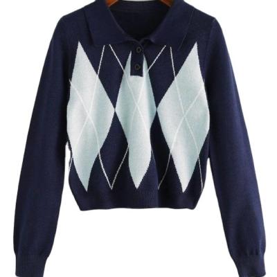 China 2022 breathable classic rhombus sweater women European and American retro lapel three-button short sweater for sale