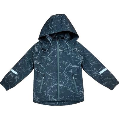 China Latest design childrens softshell jacket printed black fleece hooded outerwear for sale