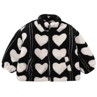 China Girls Warm Pink And Black Toddler Fur Coat Toddler Winter Child Plus Size Clothes Girls Fur Coat With Heart Pattern for sale