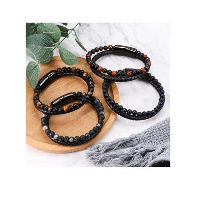 China The Other Wholesale Natural Magnetic Genuine Alloy Clasp Stainless Steel Bead Stone Multilayer High Quality Black Leather Bracelet for sale