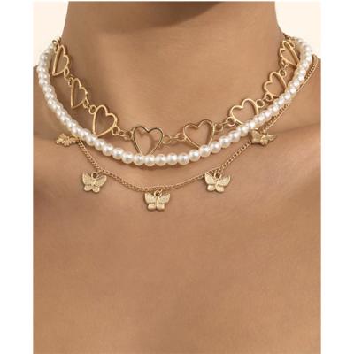China Wholesale Environmentally Friendly Hip Hop Pearl Heart Butterfly Pendants Women Necklace Set Casual Fashion Personalized Women Necklace Set for sale