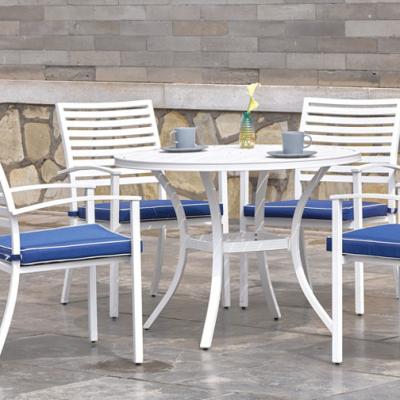 China Waterproof All Weather White Outdoor Furniture Dining Sets Aluminum Chairs With Blue Cushion for sale