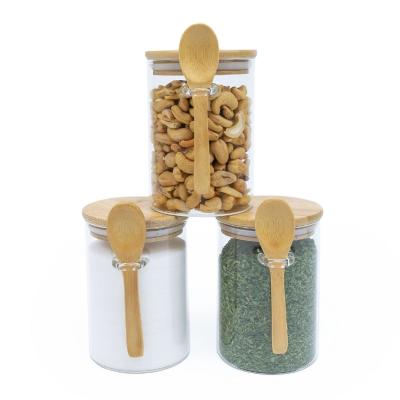 China Conjunto de 3 frascos de vidrio hermético con tapas y cucharas de bambú en venta