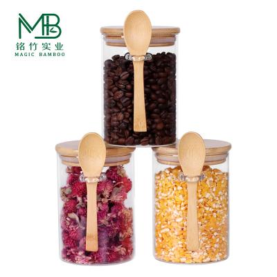 China Wholesale 10 OZ Small Glass Jars set For Tea Coffee Beans Candy With Bamboo Lids And Spoons for sale